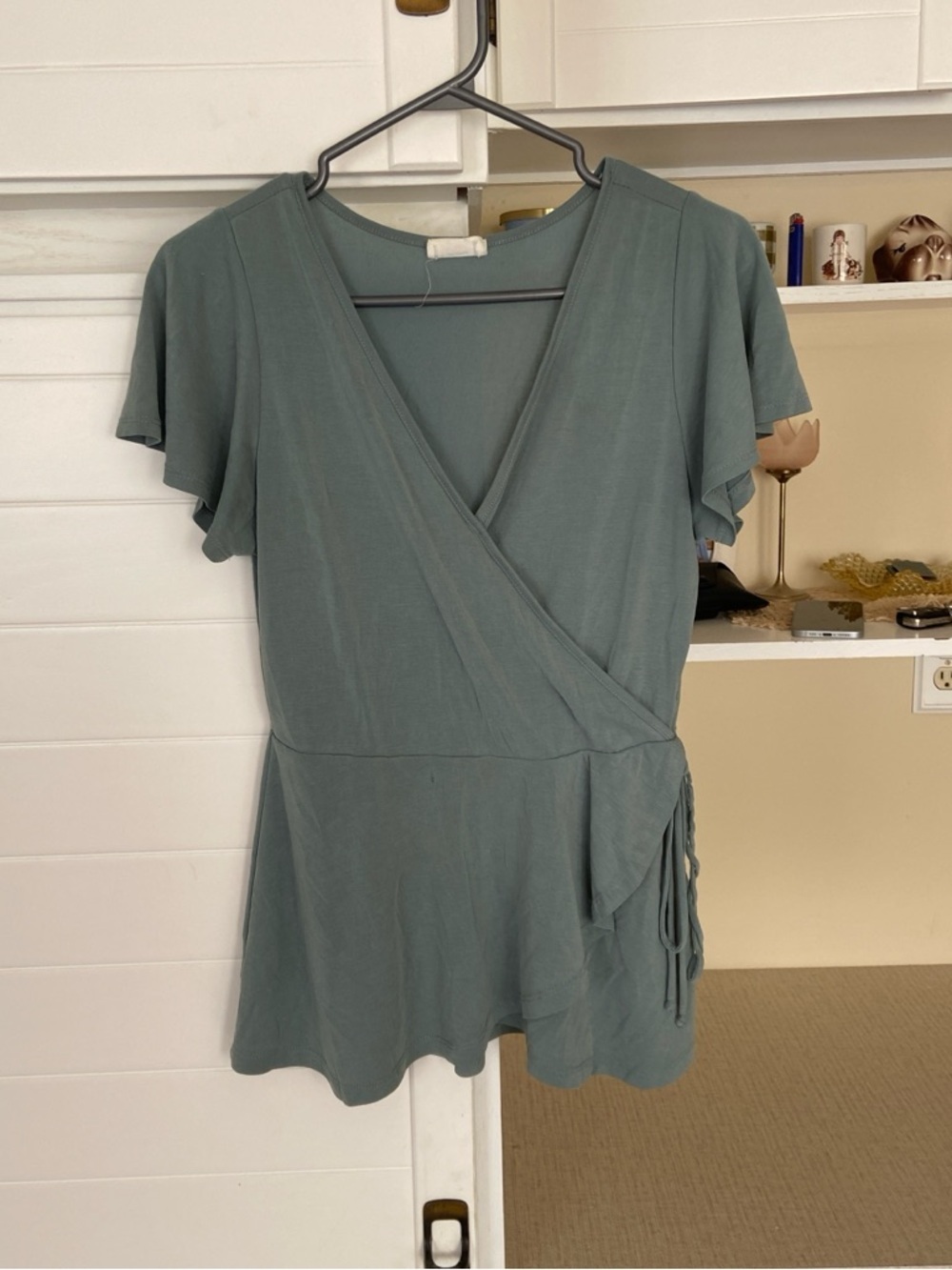 Peplum Sage Green Faux Wrap Blouse